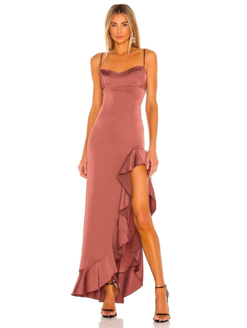 Nookie Mocha Brown Satin Ruffle High-Slit Slip Wedding Prom Event Dress Size M